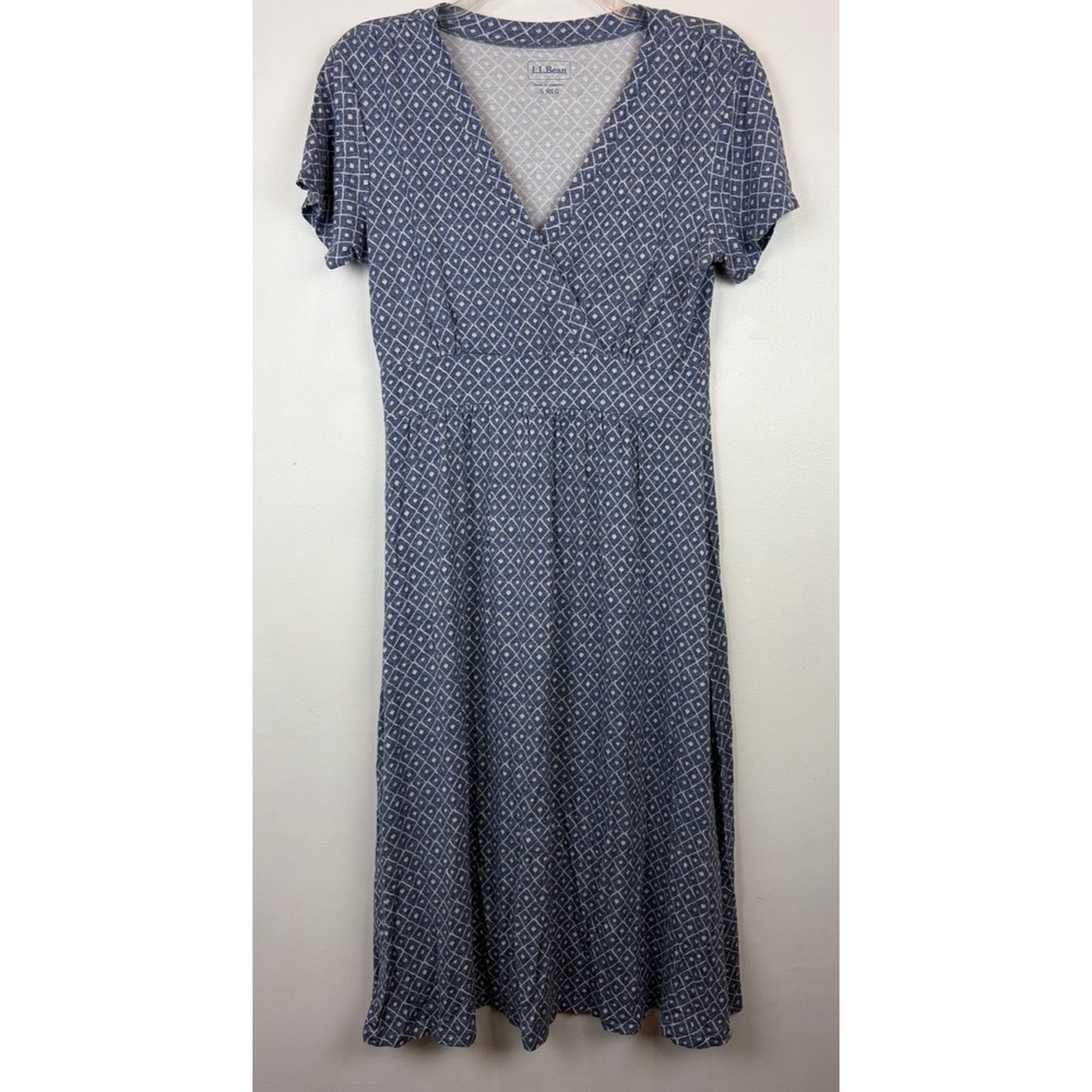 LL Bean Knit Dress Womens Small Print Empire Waist Summer Comfort Casual Coastal